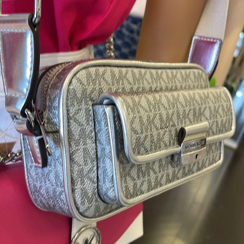 Michael Kors Bradshaw Extra-Small Metallic Signature Logo Camera Crossbody Silv